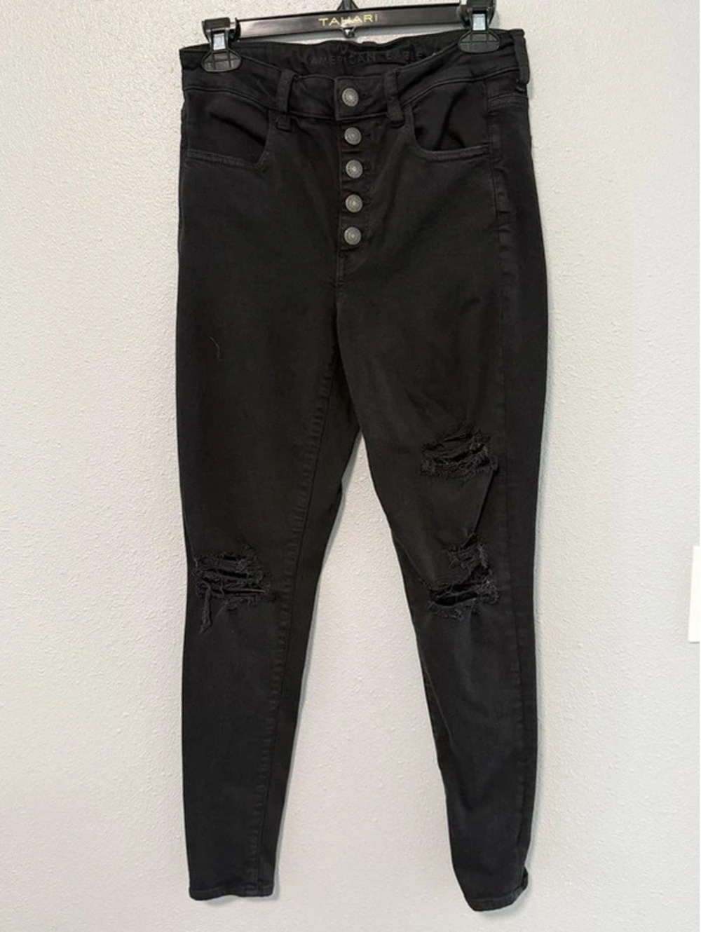 #6028 American Eagle Black Distressed Button Fly Jeans Size 6